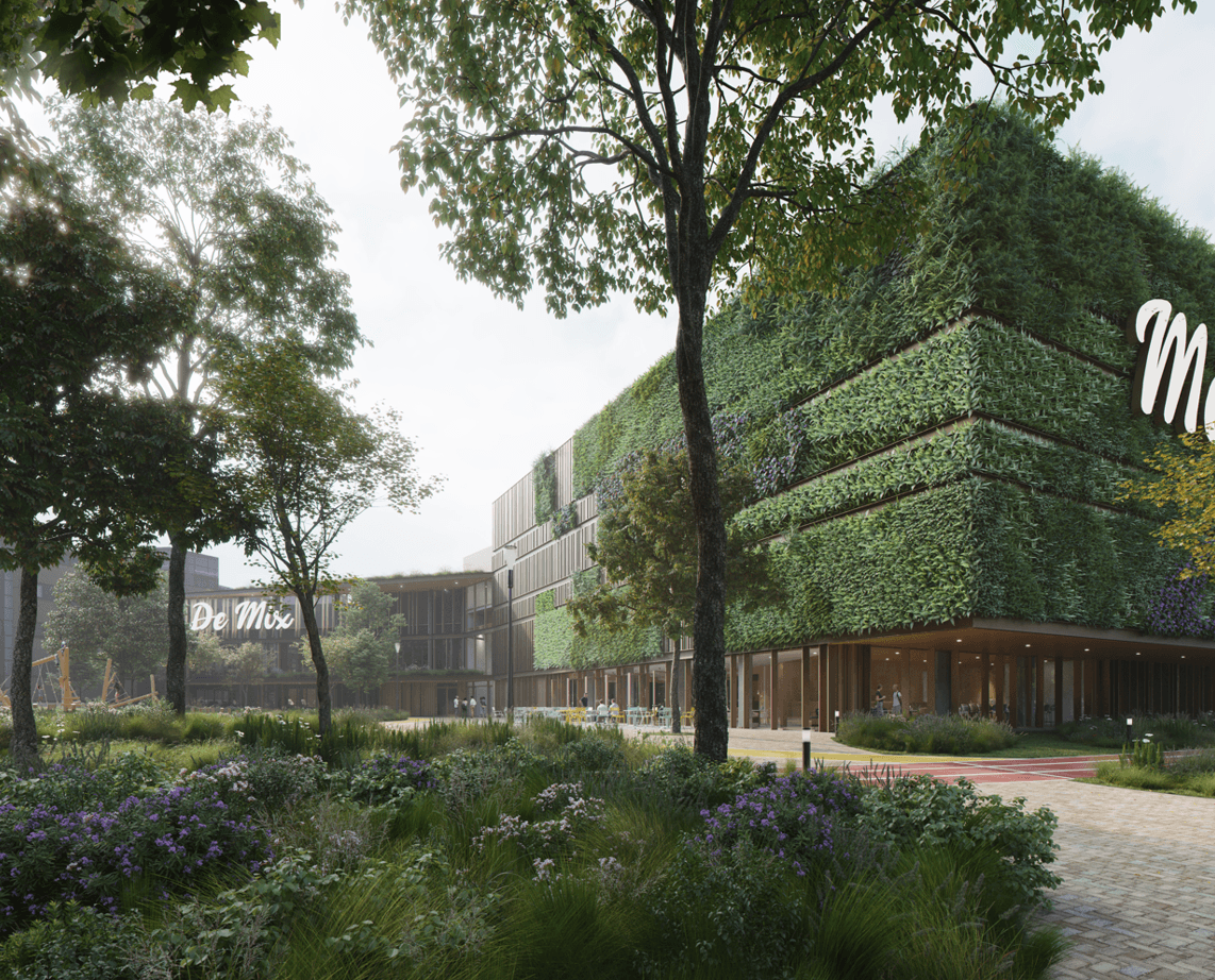 Impression of the green front façade and a green area on the square side
